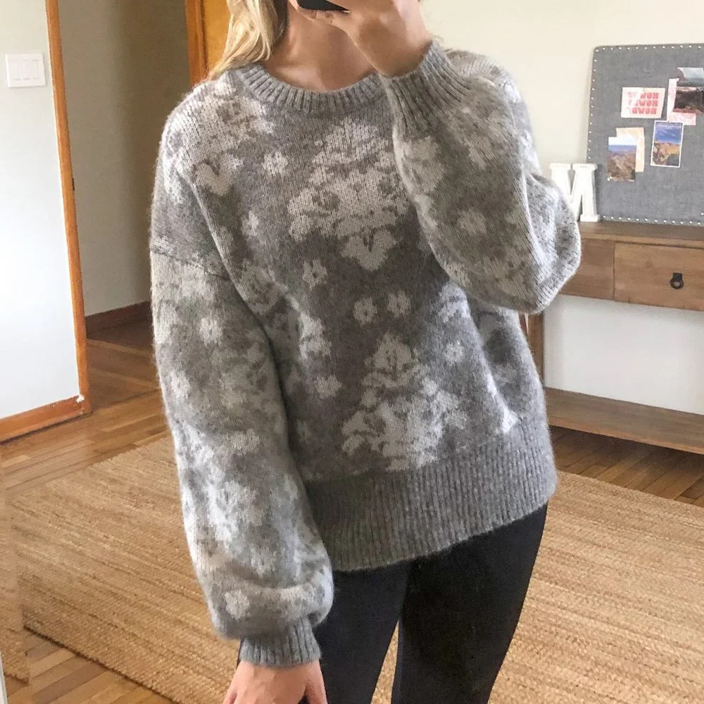 Lewit Wool Mohair Blend Jacquard Knit Baloon Sleeve Crew Neck Sweater Women's S